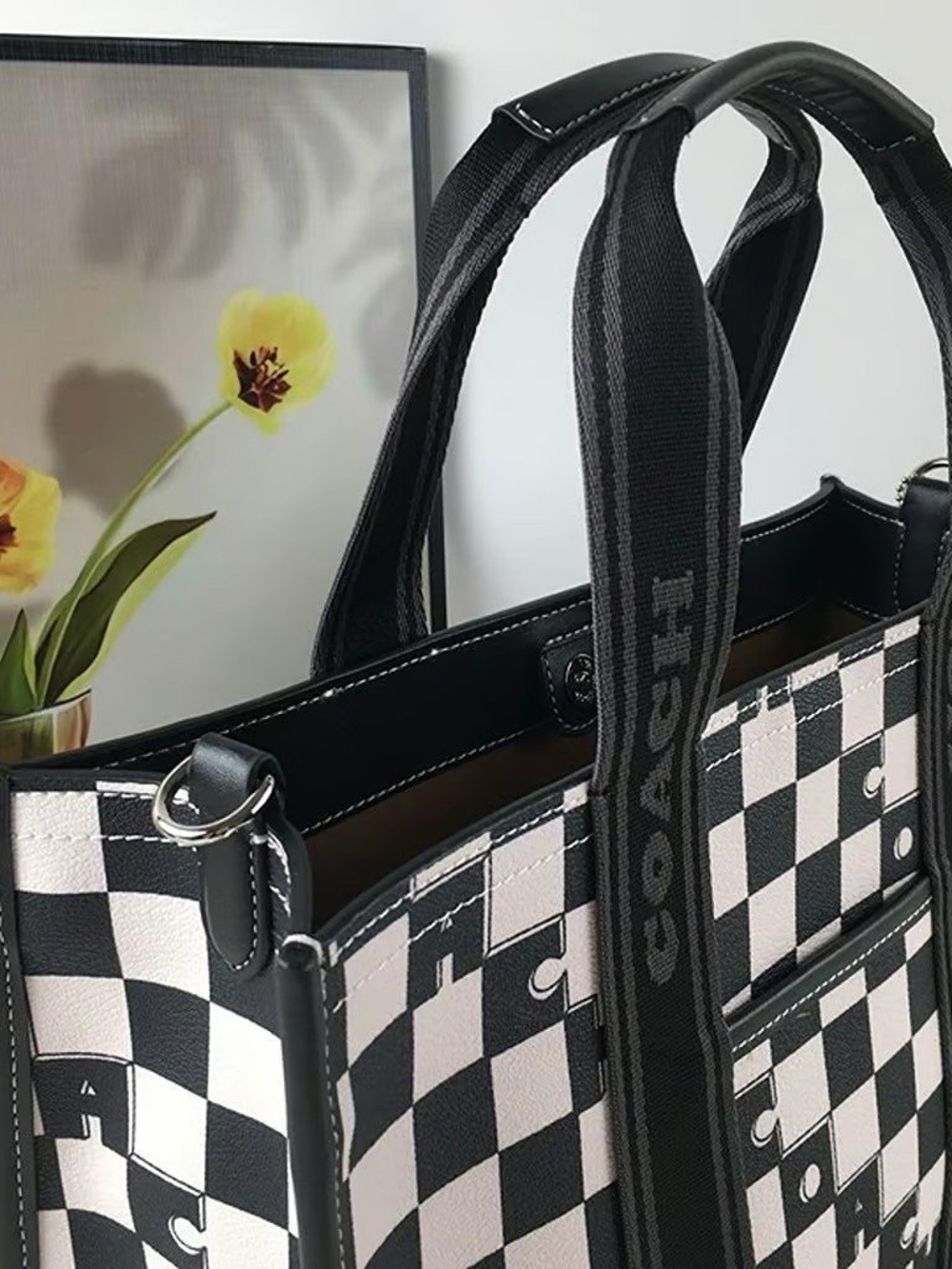 Coach Black & White Checkerboard Tote with Logo Straps - Picture 4 of 5